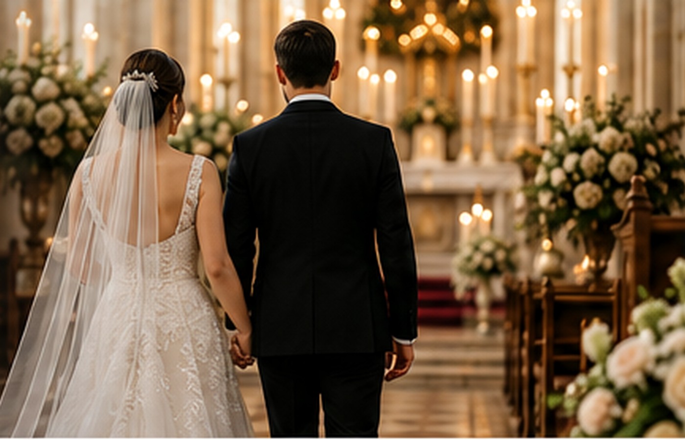 Novios durante una ceremonia de boda en iglesia